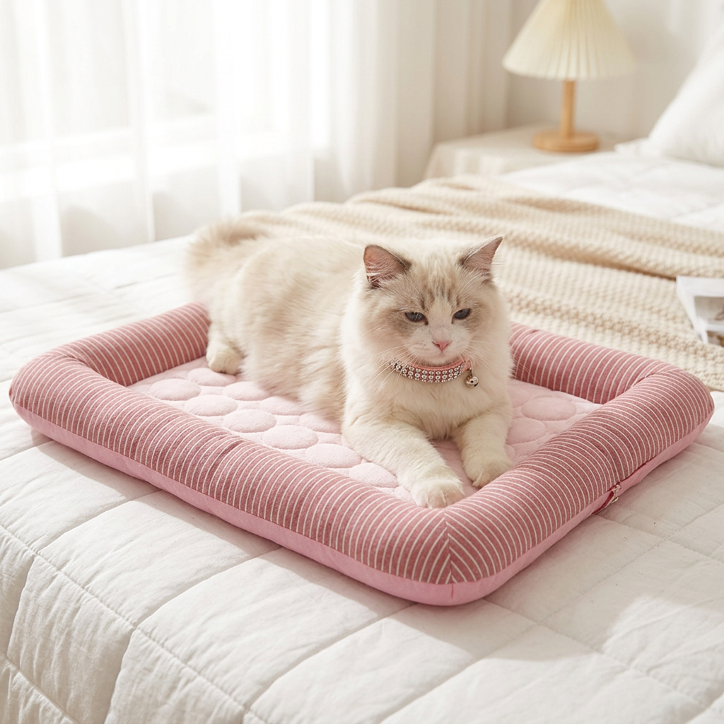 Ragdoll wearing pink crystal collar on pink striped bed