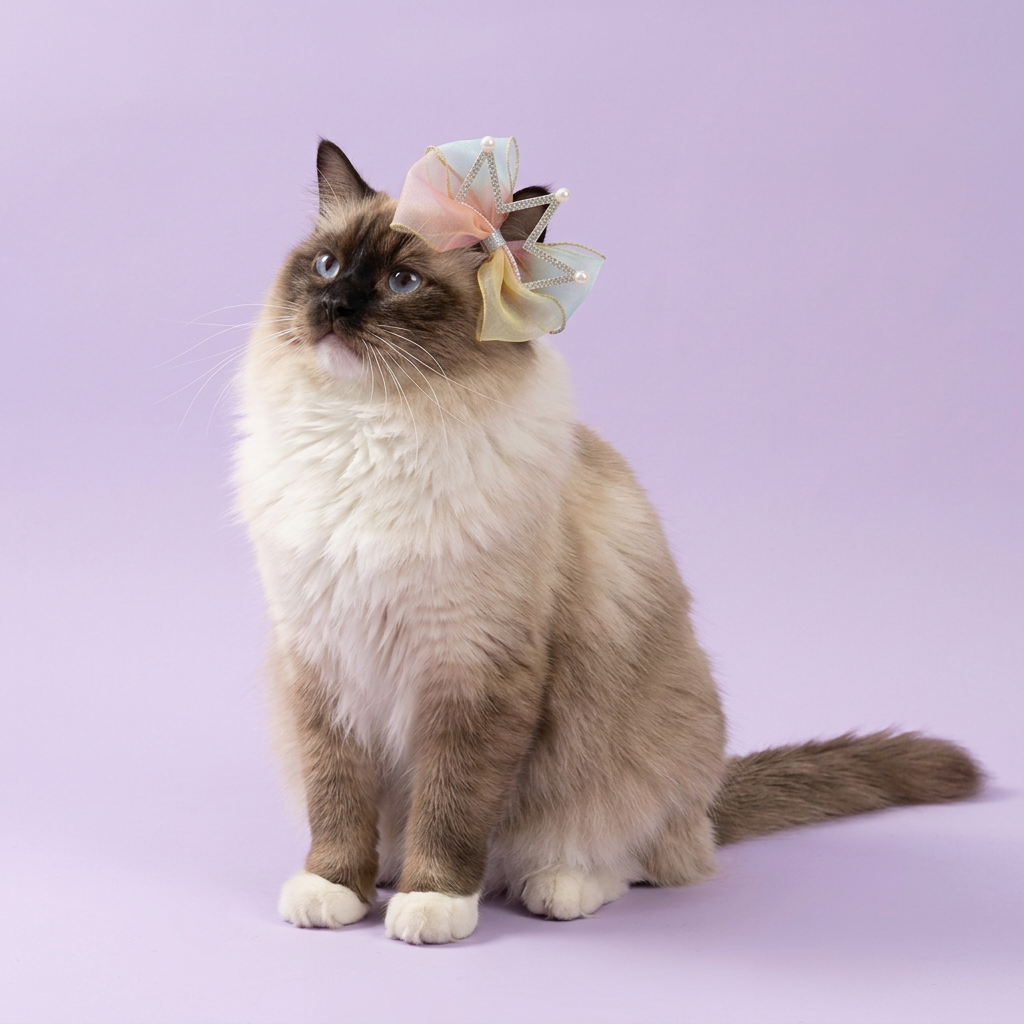 Ragdoll wearing the pastel rainbow crown bow