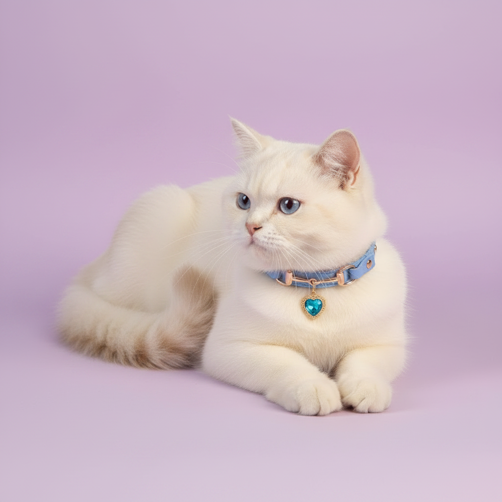 White Ragdoll cat with blue eyes lying down and looking to the side, wearing a light blue leather pet collar with rose gold hardware and a teal crystal heart charm pendant, on a soft lavender background