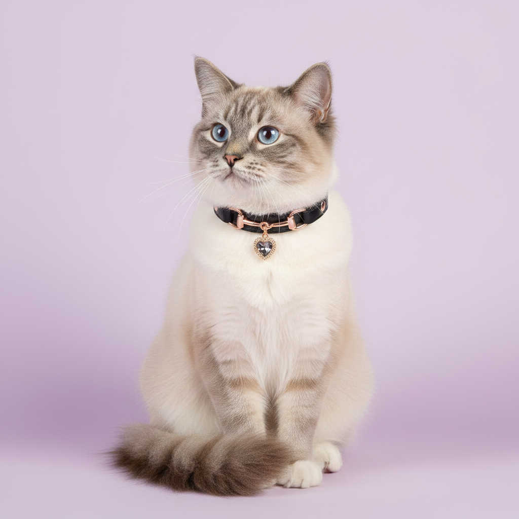 Blue-eyed Ragdoll cat with tabby point markings seated upright and looking upward, wearing a black leather pet collar with rose gold snaffle-bit hardware and a grey crystal heart charm pendant, on a soft lavender background