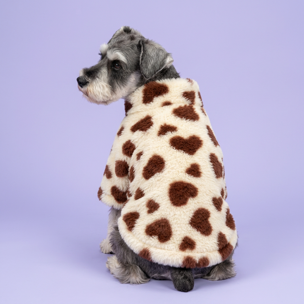 Rear-side seated Schnauzer in the ivory heart jacket