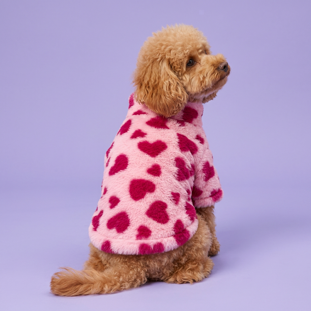 Rear-side view of poodle in the pink heart jacket