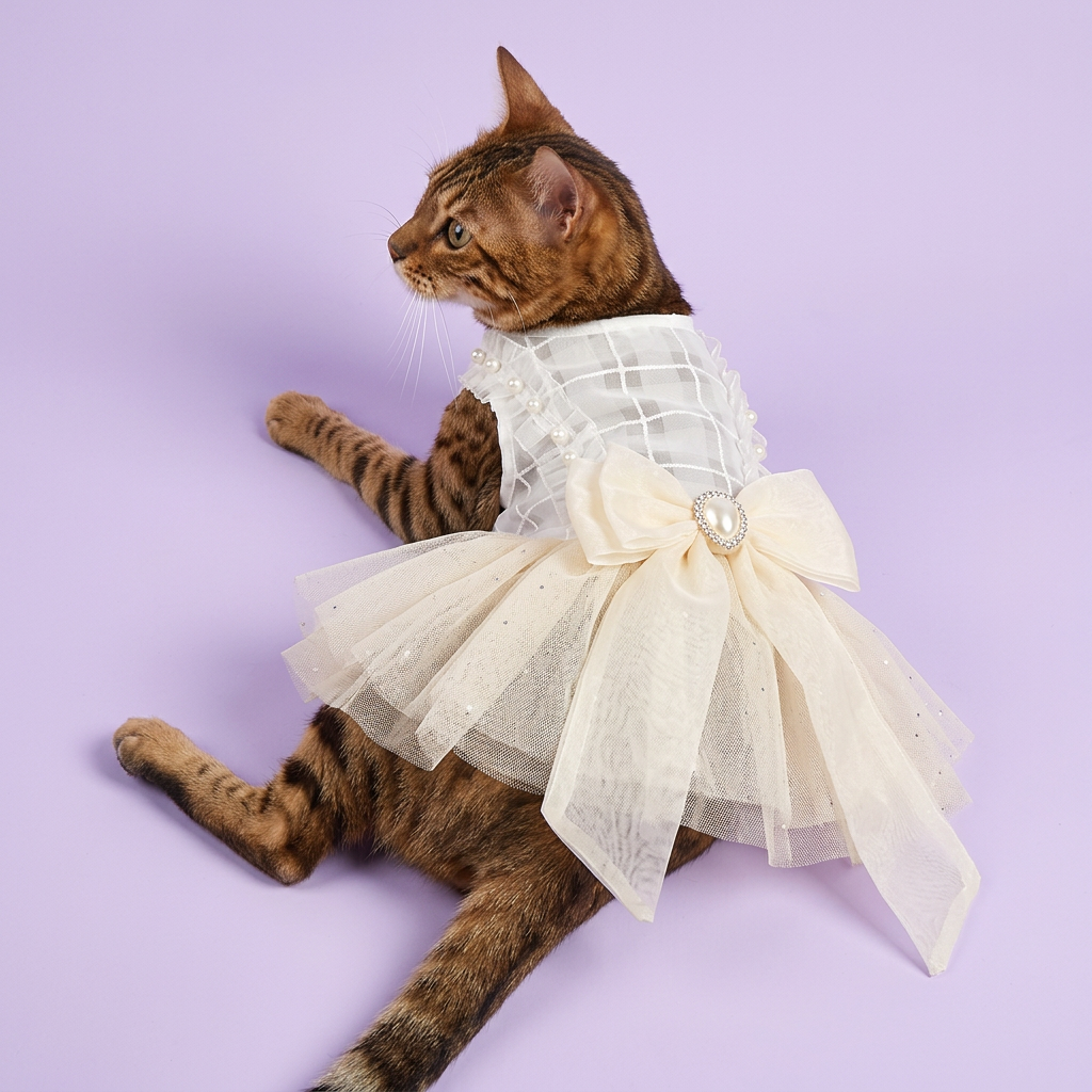 Reclining Bengal in the ivory pearl-bow dress