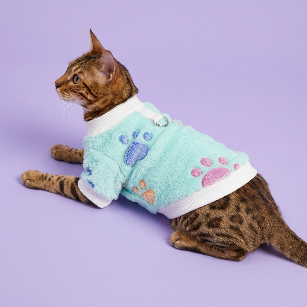 Reclining Bengal in the mint paw-print sweater