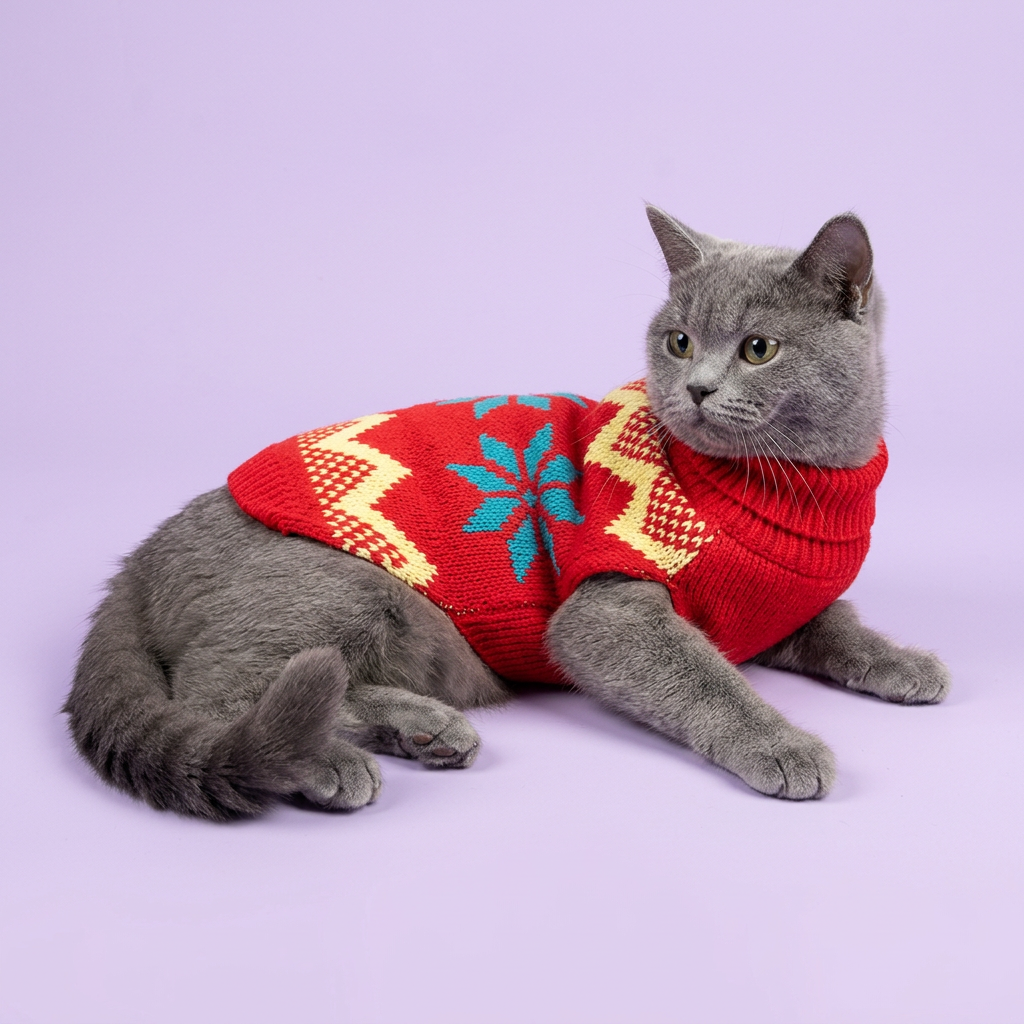 Reclining British Shorthair wearing the red sweater with teal motifs