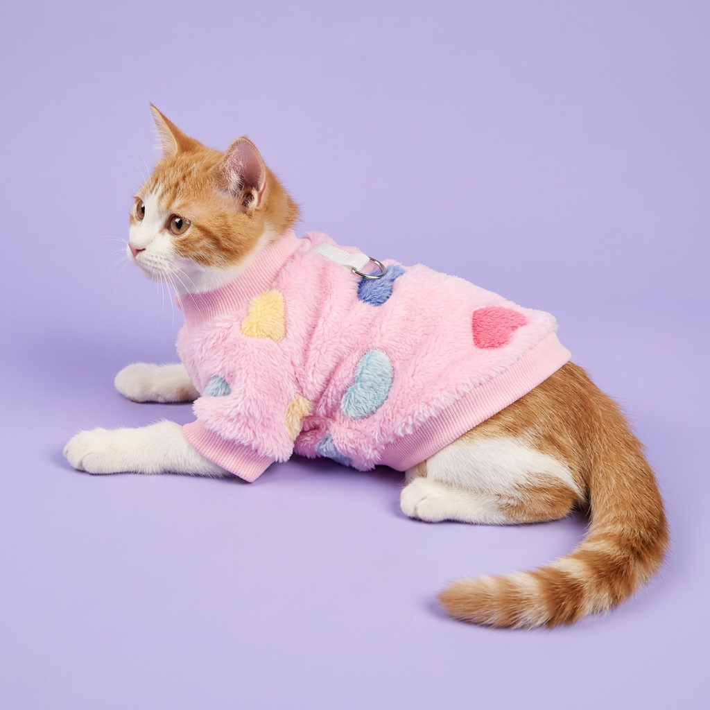 Reclining ginger-and-white cat in the fluffy pink heart sweater
