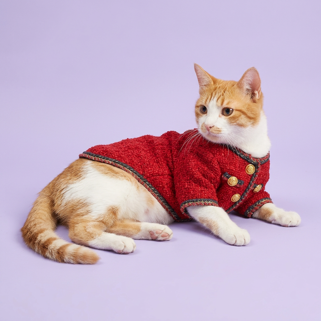 Reclining orange-and-white cat in the red tweed jacket