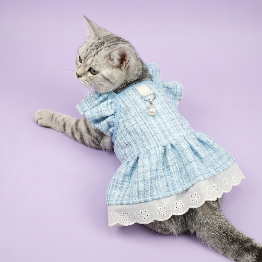 Reclining tabby in the blue dress without a bow