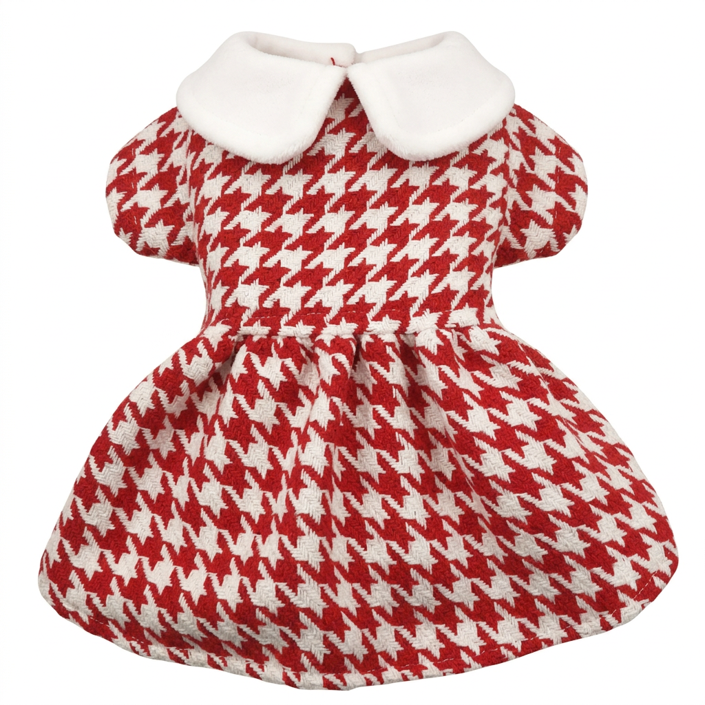 Red-and-ivory houndstooth pet dress on a square white background