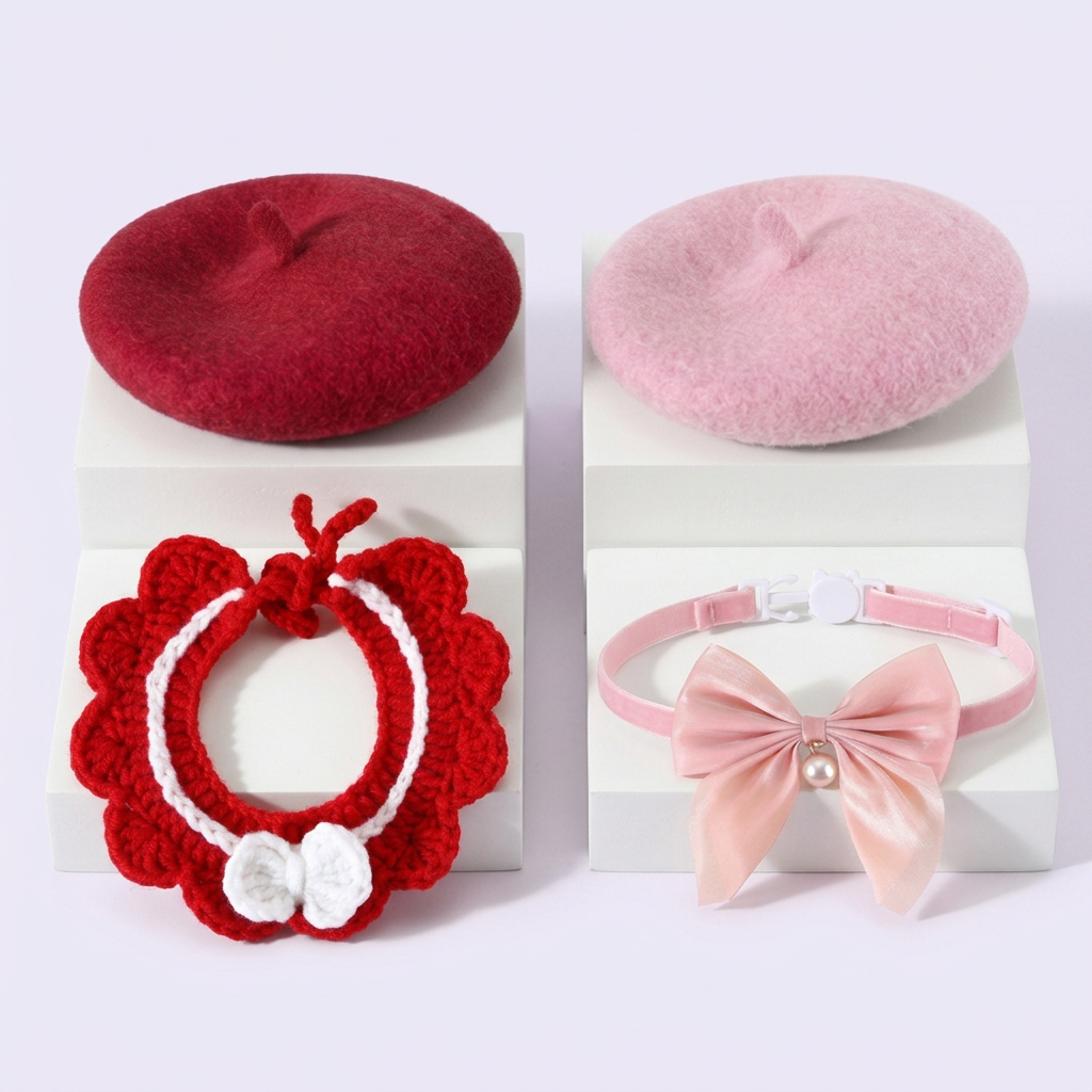 Red and pink beret sets displayed together on white tiers against pale lavender
