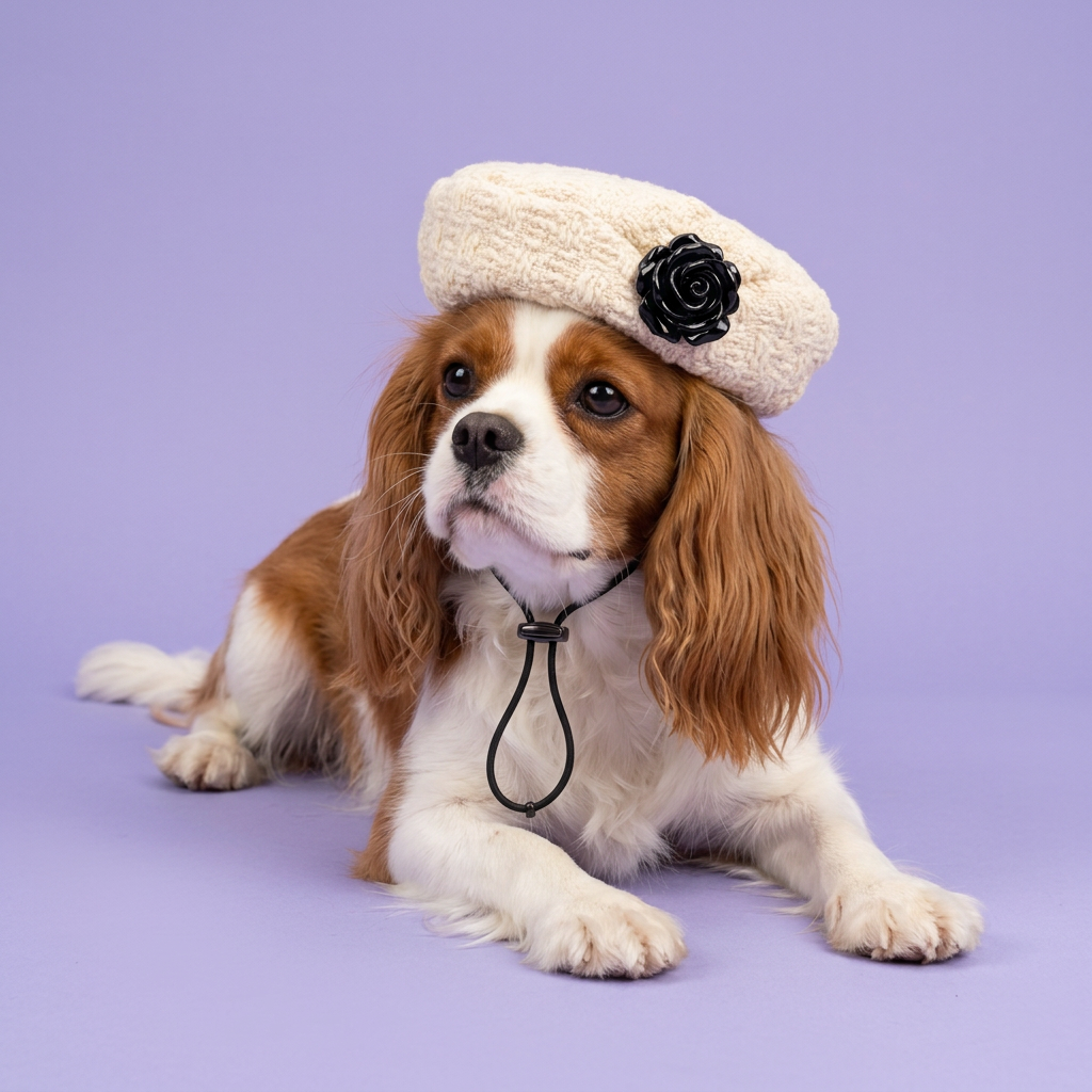Red-and-white Cavalier resting in the ivory beret