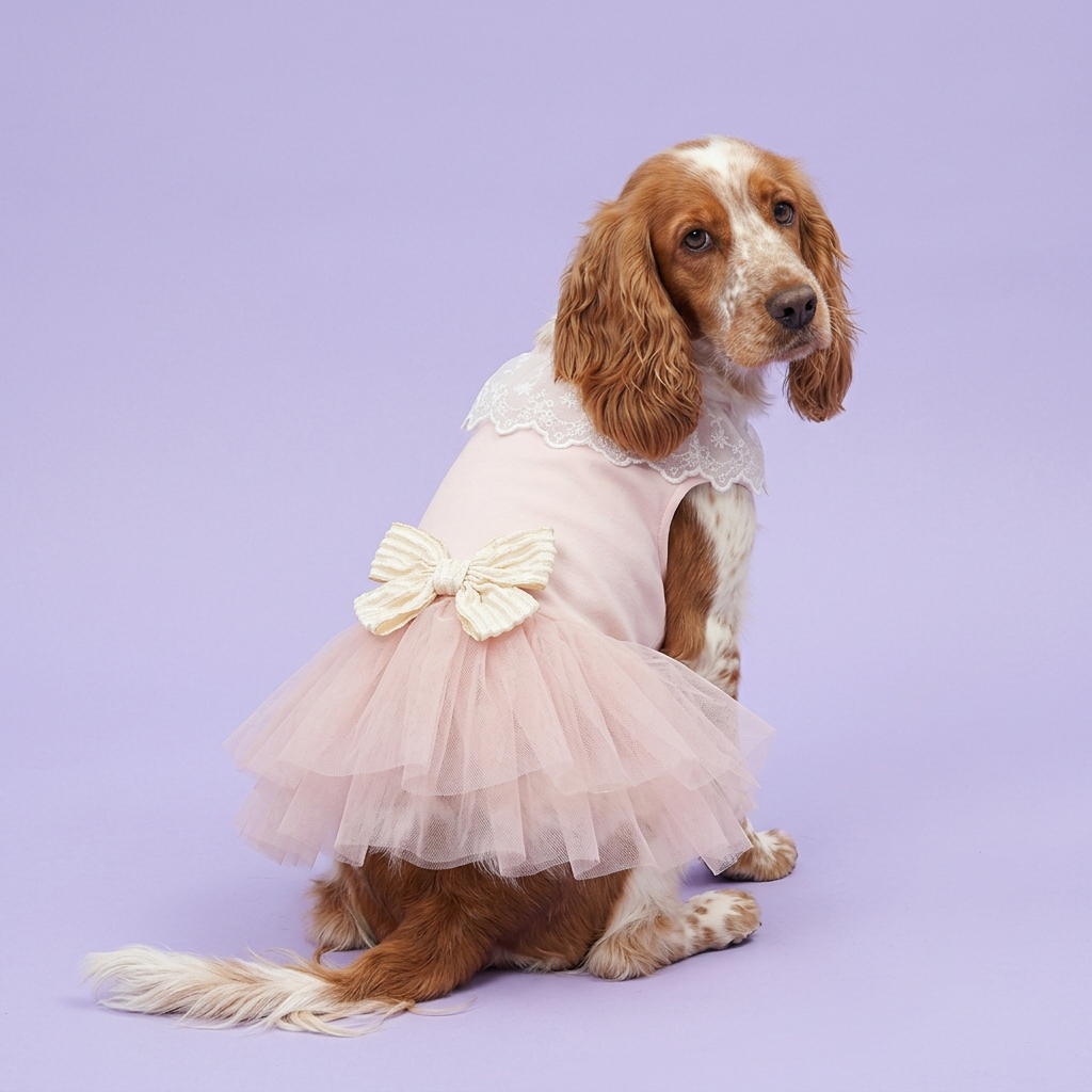 Red-and-white cocker spaniel seated and looking back