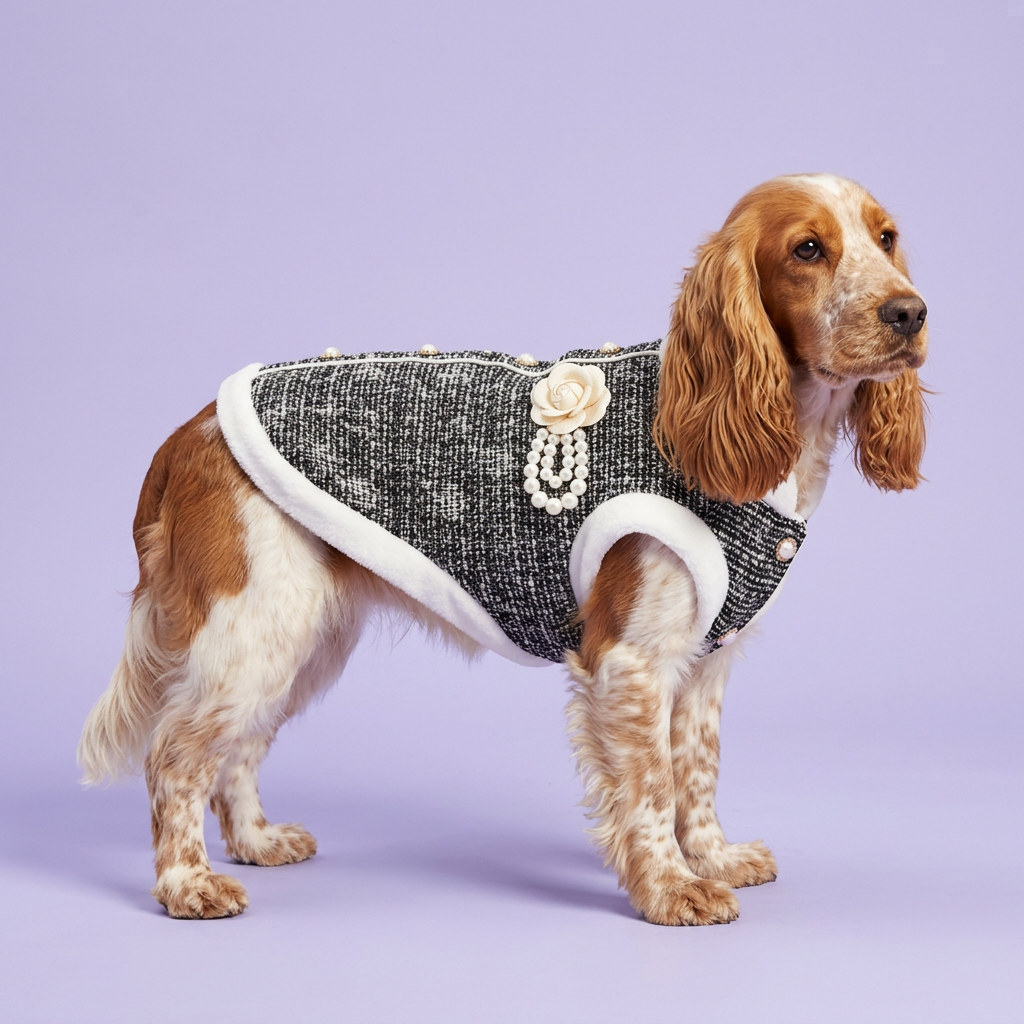 Red-and-white cocker spaniel standing side-on