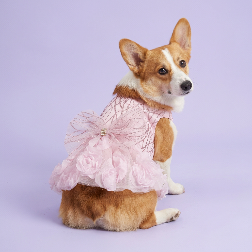 Red-and-white corgi looking over its shoulder in the pink rosette dress