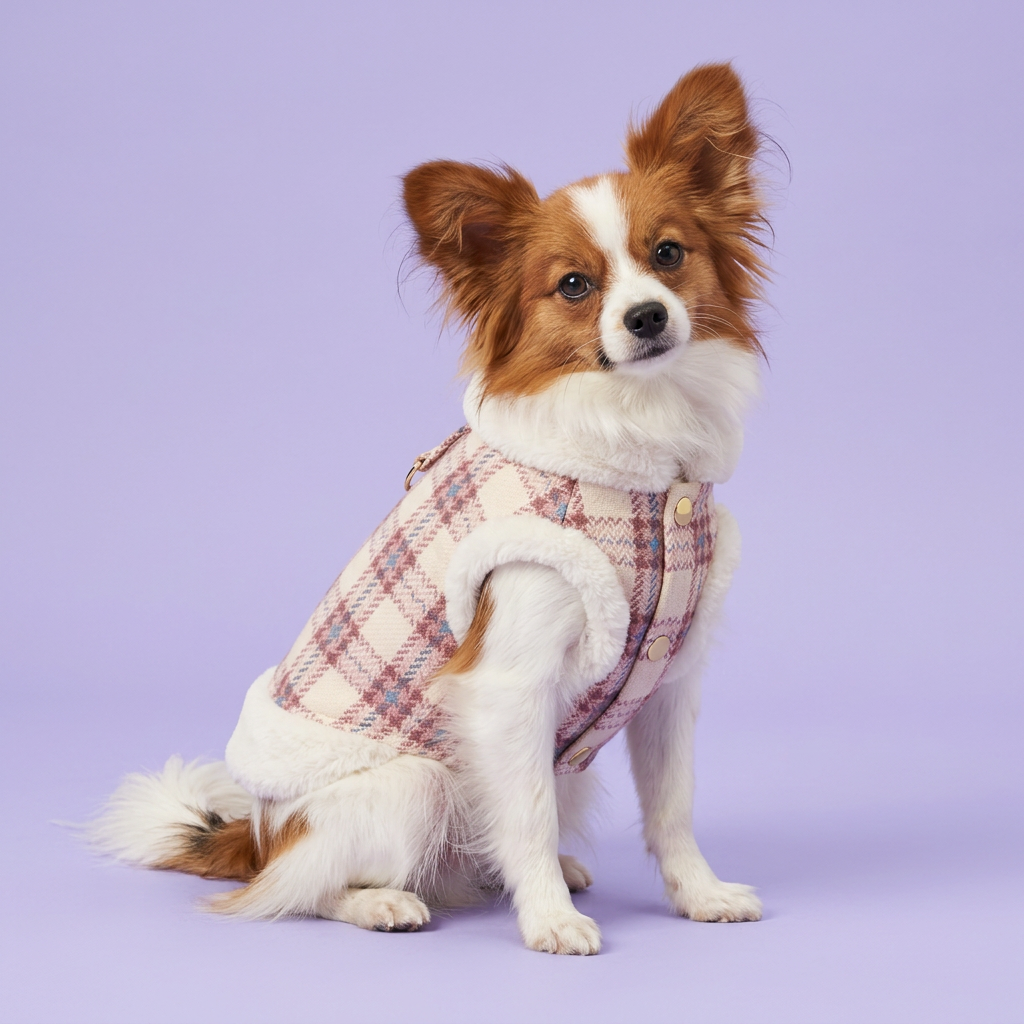 Red-and-white Papillon seated in the pink plaid vest