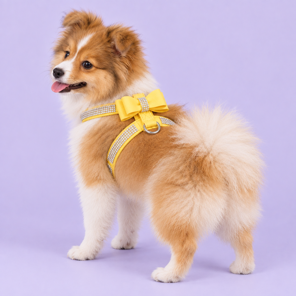 Red-and-white Pomeranian in the yellow harness