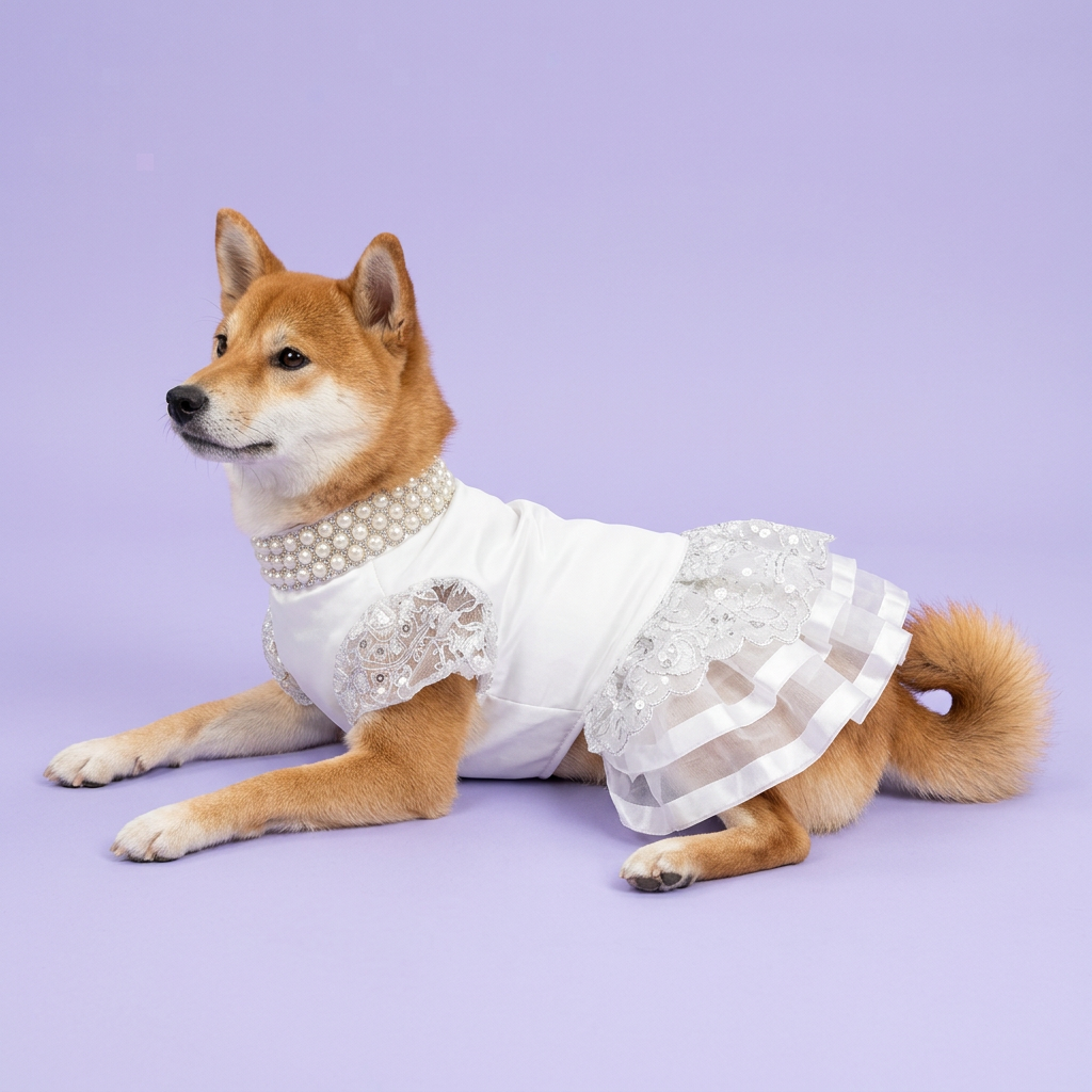 Red-and-white Shiba Inu reclining in the white dress