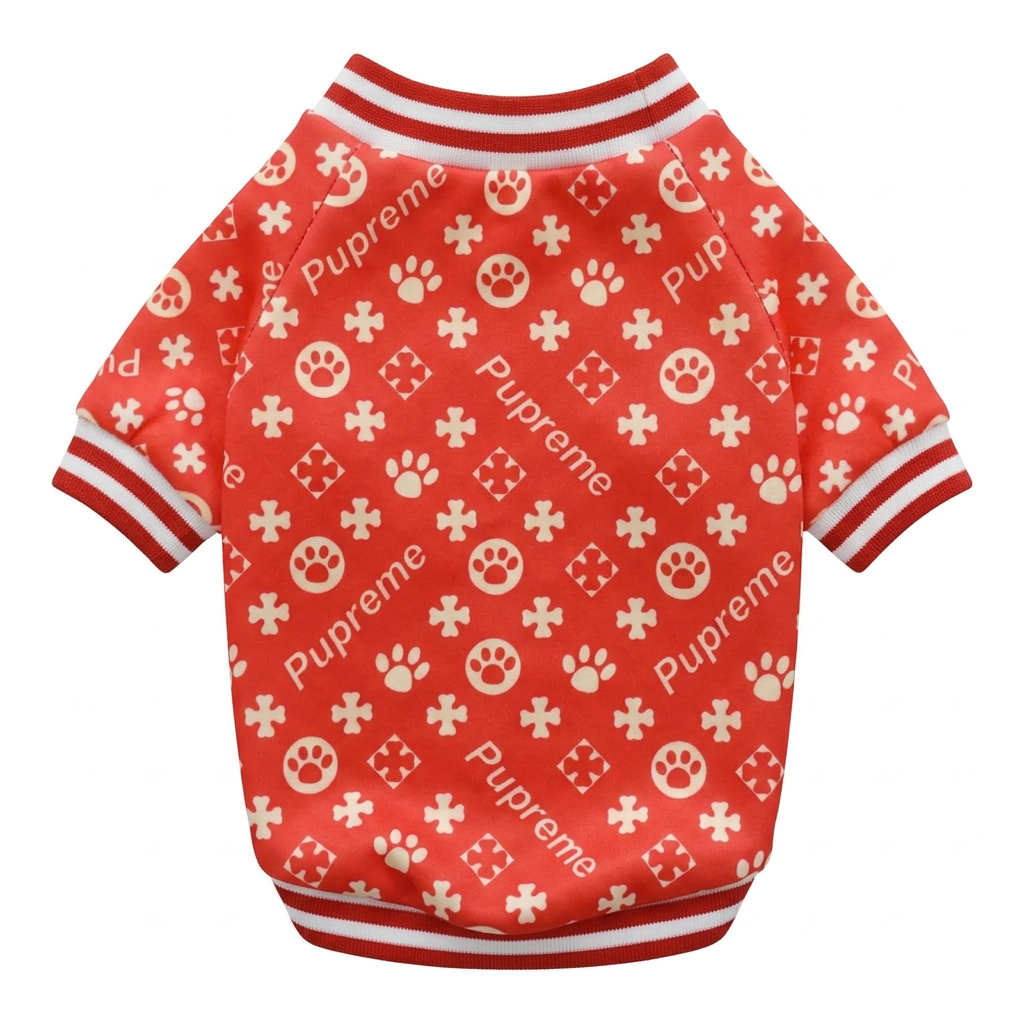 Red and white sweater laid flat in the same back-facing position as the blue reference