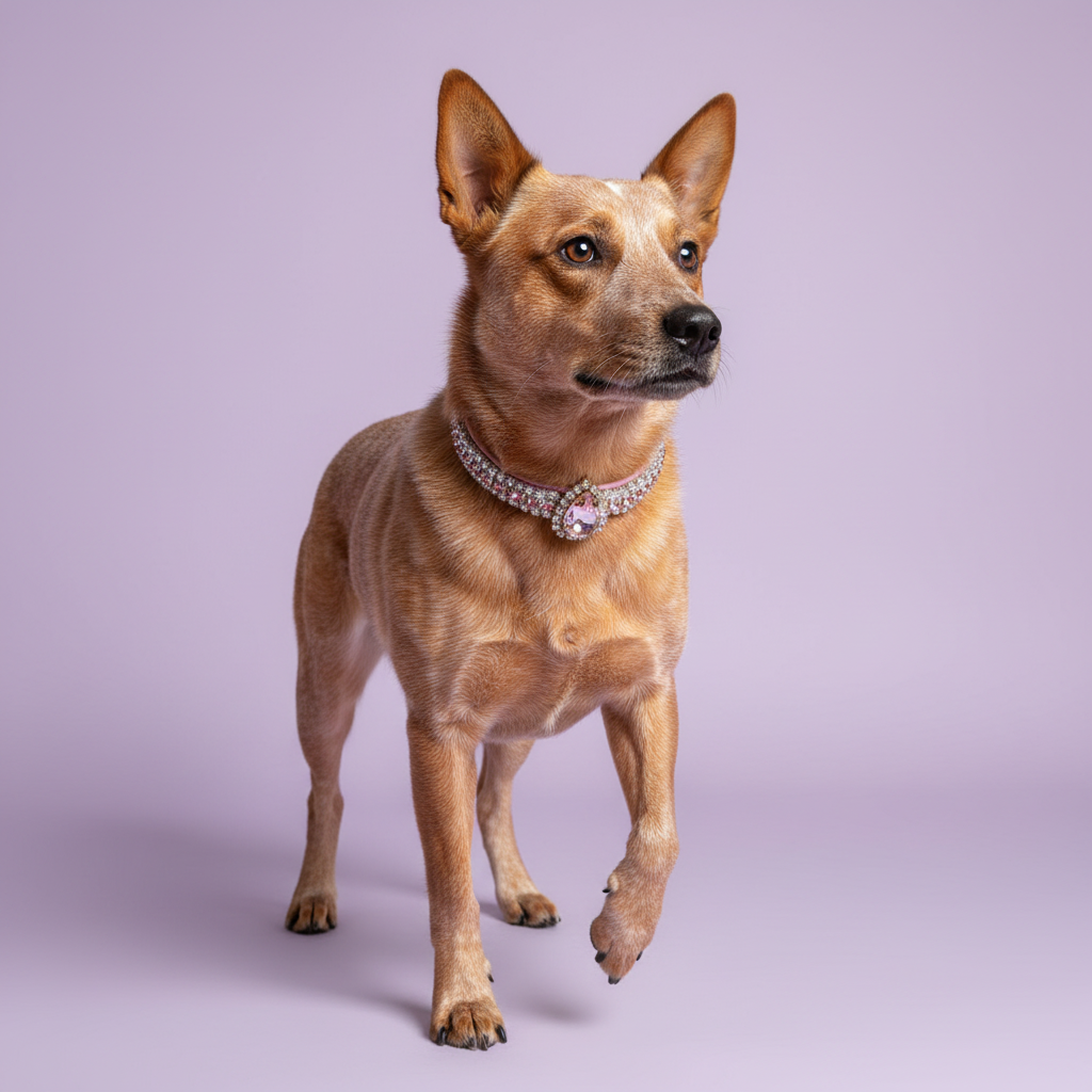 Red Australian Cattle Dog standing and looking to the side, wearing a light pink beaded collar with a teardrop gem pendant, on a lavender background