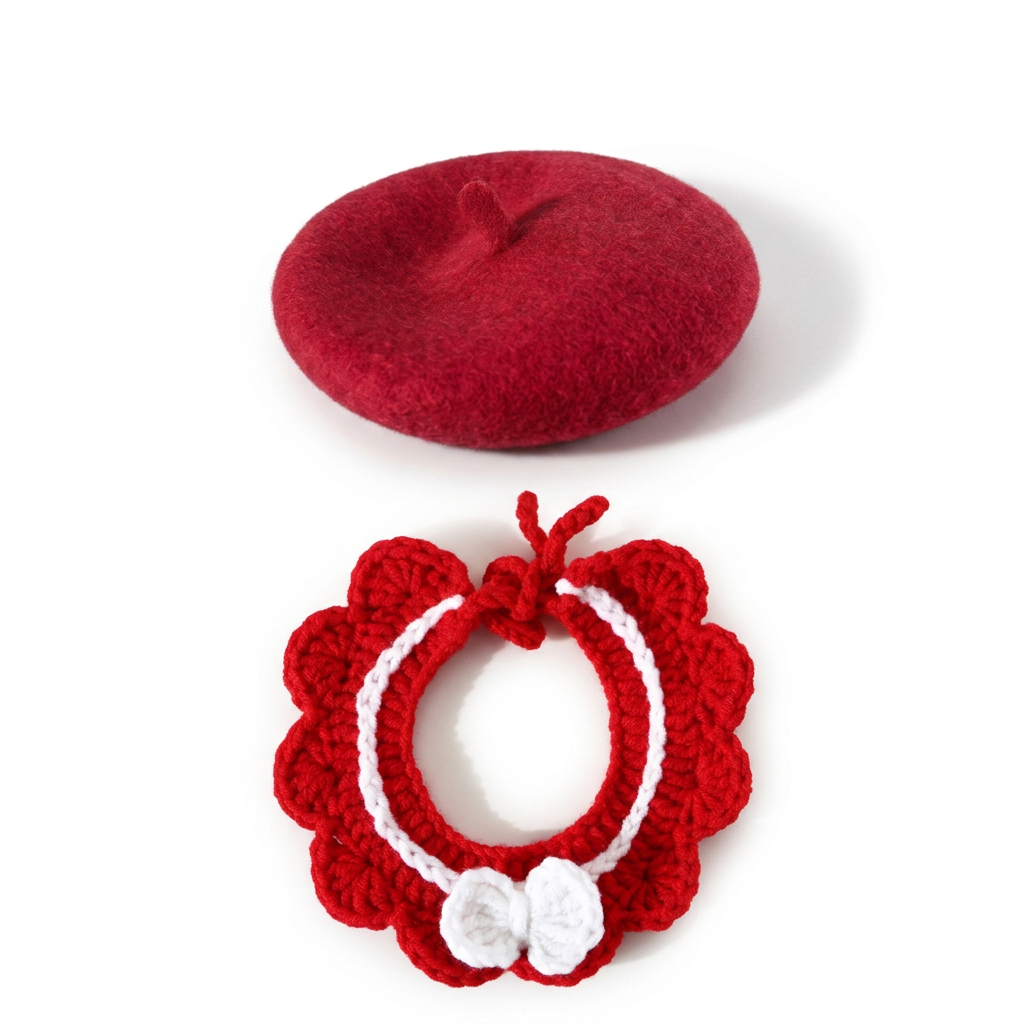 Red beret above the matching crochet collar, tied closed on a square white background