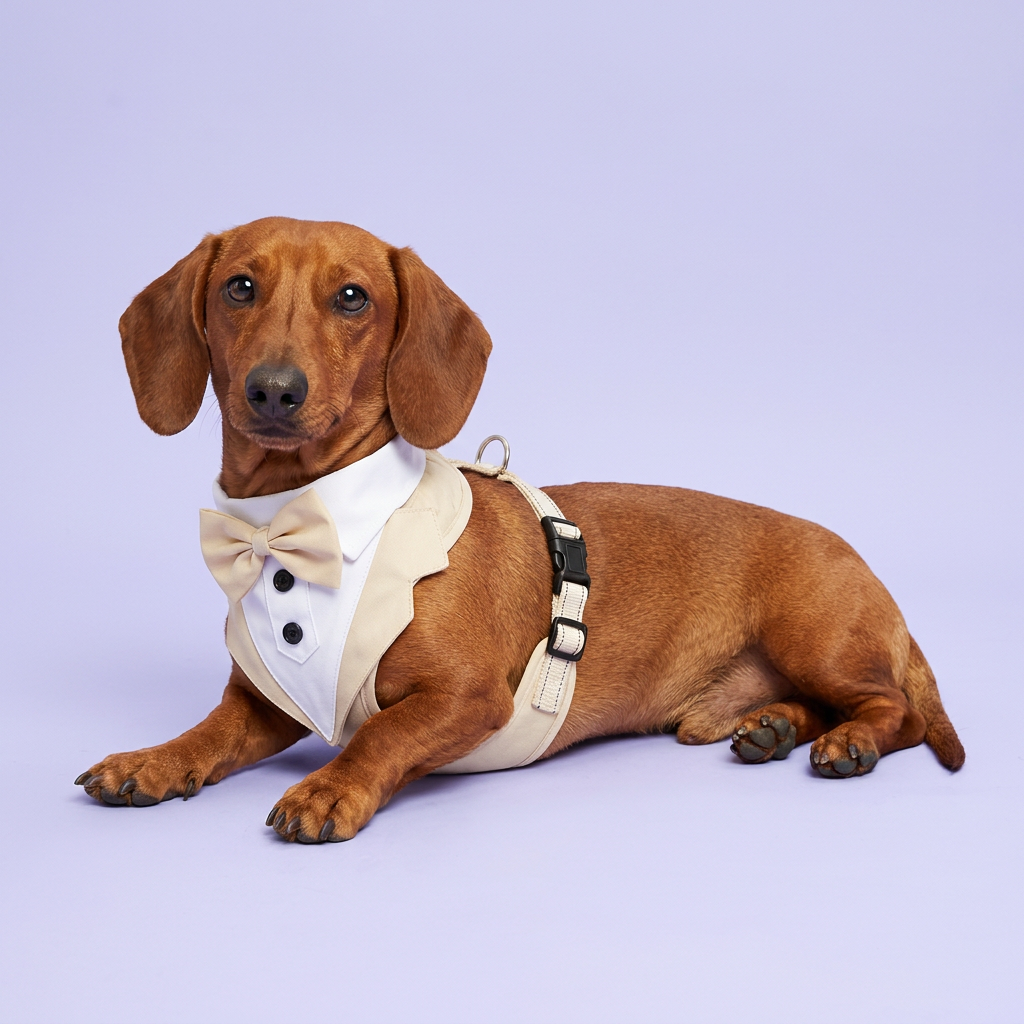 Red dachshund reclining in the cream tuxedo harness