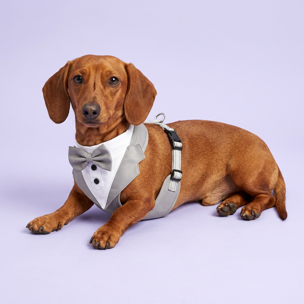 Red dachshund reclining in the grey tuxedo harness