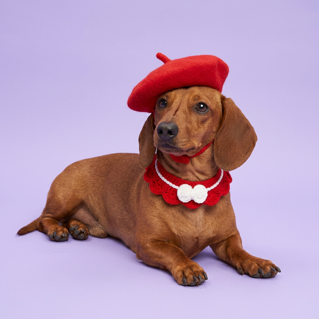 Red dachshund reclining in the red beret and thin bib