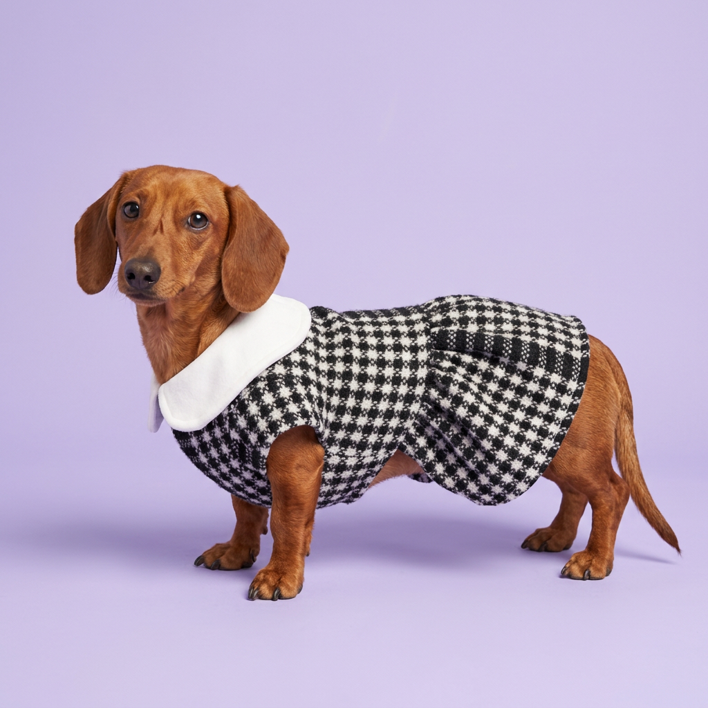 Red dachshund standing in the houndstooth dress