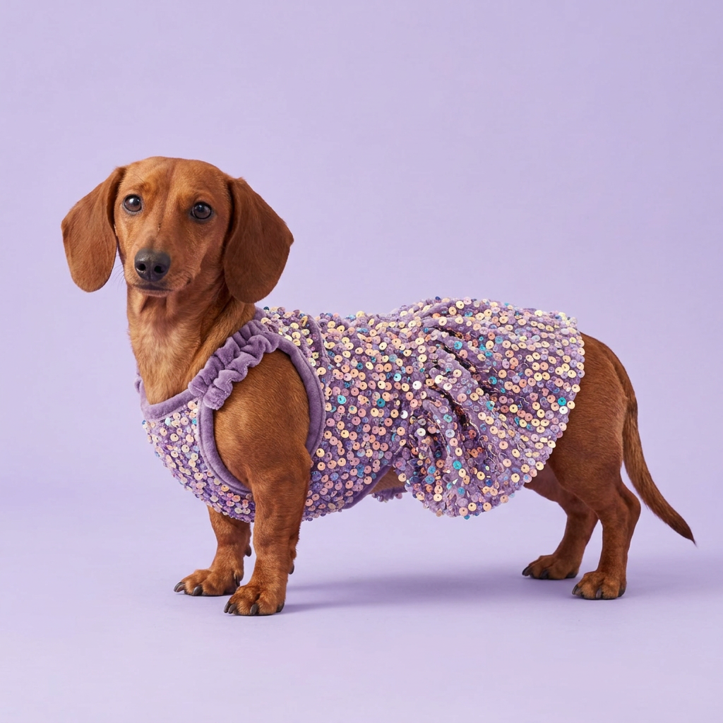 Red dachshund standing side-on in the lavender dress