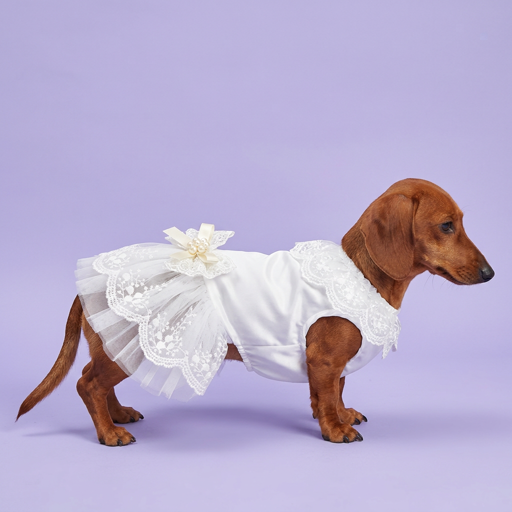 Red dachshund standing side-on in the white lace dress