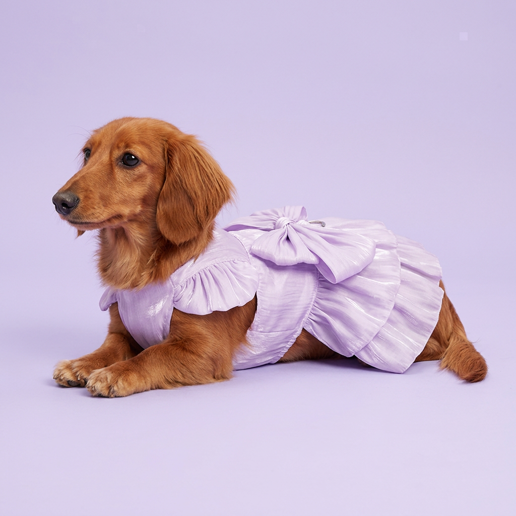 Red dachshund wearing the lavender tiered dress