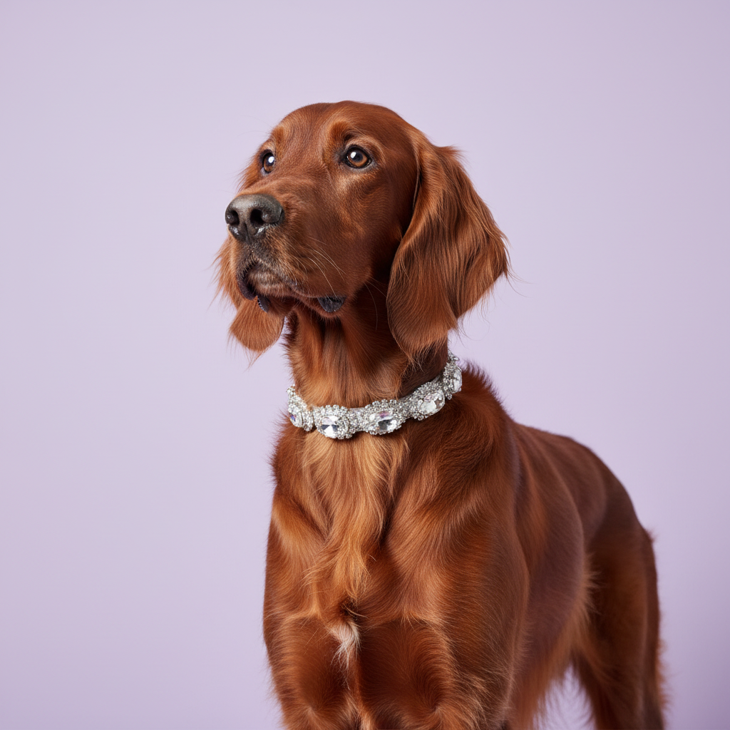 Red Irish Setter sitting and looking up, wearing a clear crystal beaded collar, on a lavender background