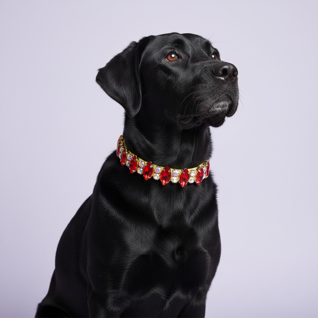 Black Labrador sitting tall and gazing up wearing a gold dog collar with alternating red marquise and AB crystal gems
