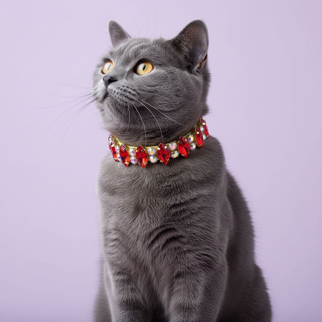 Grey British Shorthair gazing up wearing a gold rhinestone cat collar with red marquise and AB crystal stones