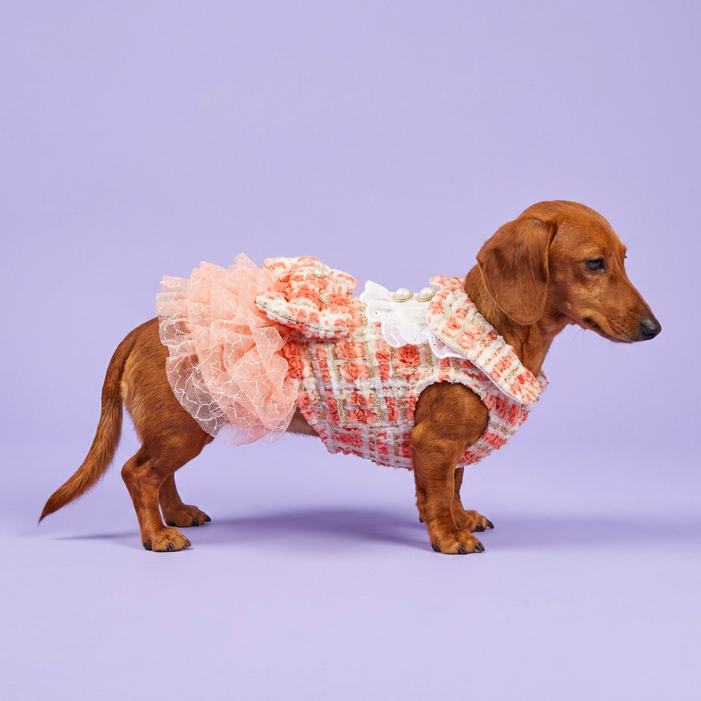 Red miniature dachshund standing in the coral dress