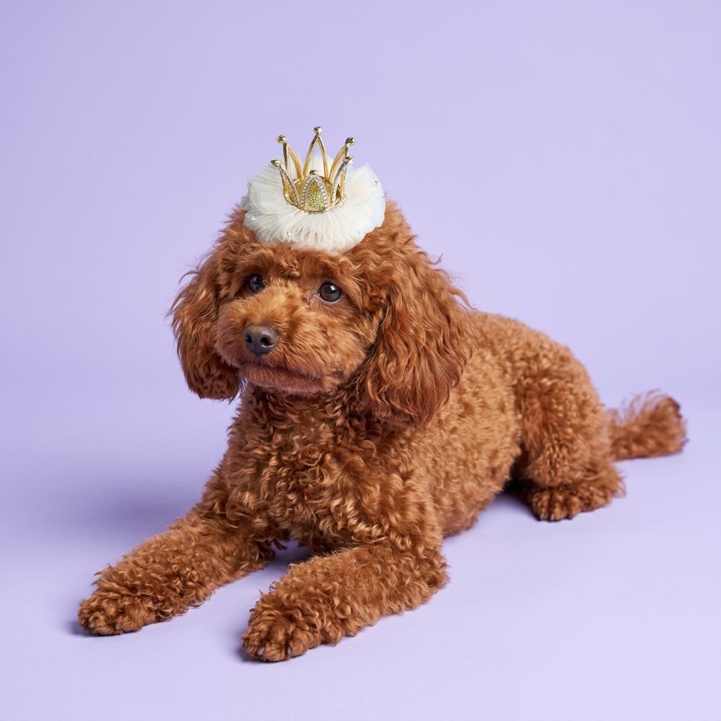 Red miniature poodle wearing the white crown clip