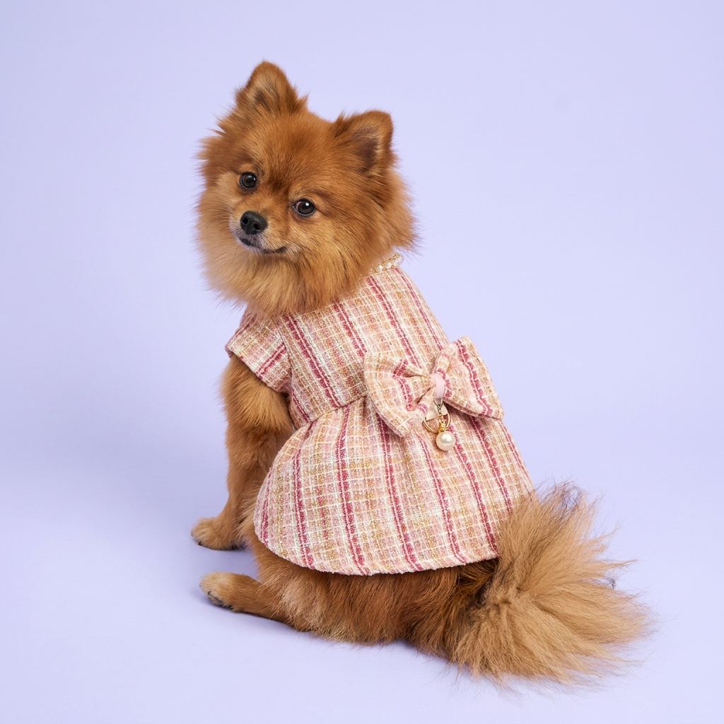 Red Pomeranian looking over its shoulder to show the bow and charm