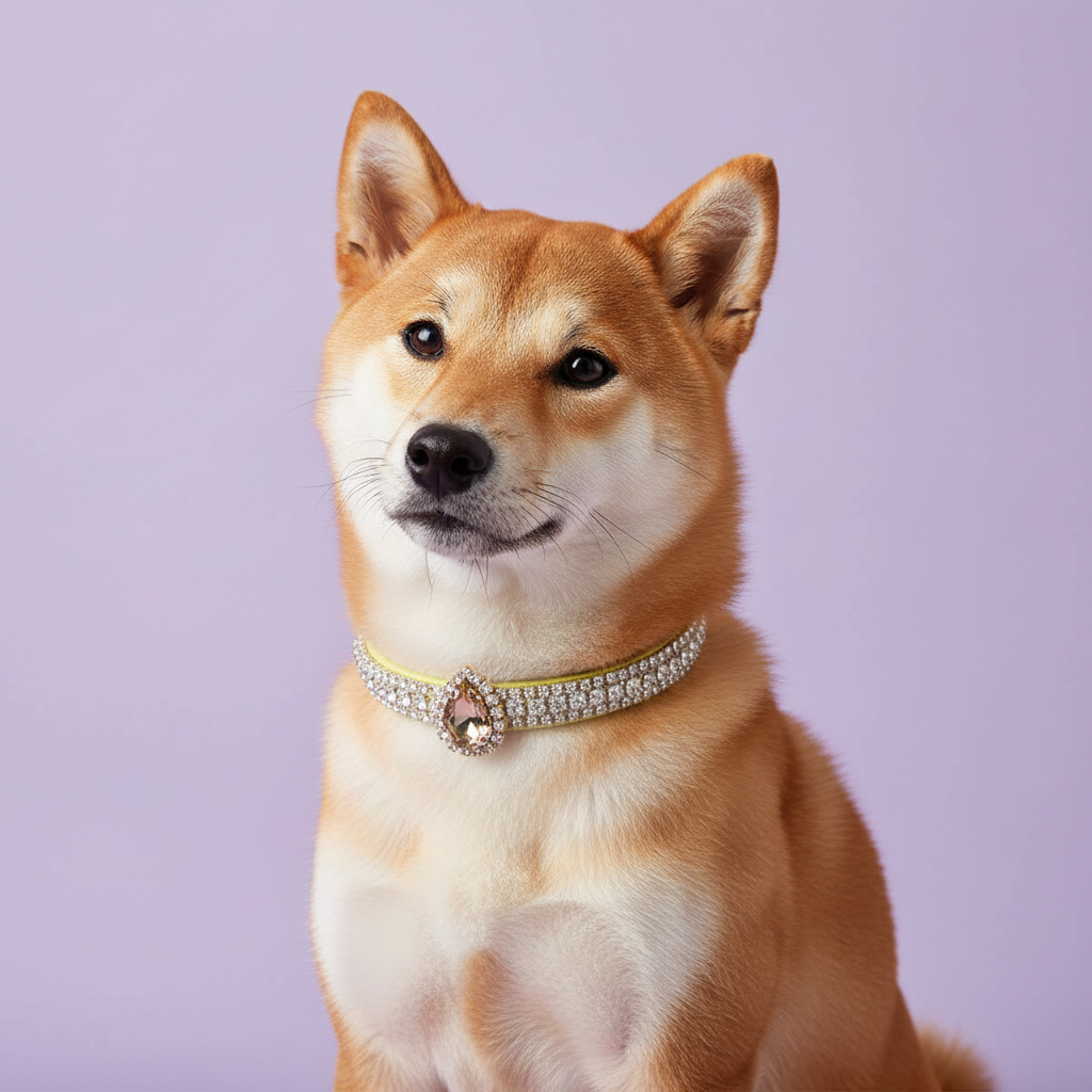 Red Shiba Inu sitting and smiling, wearing a champagne beaded collar with a teardrop gem pendant, on a lavender background
