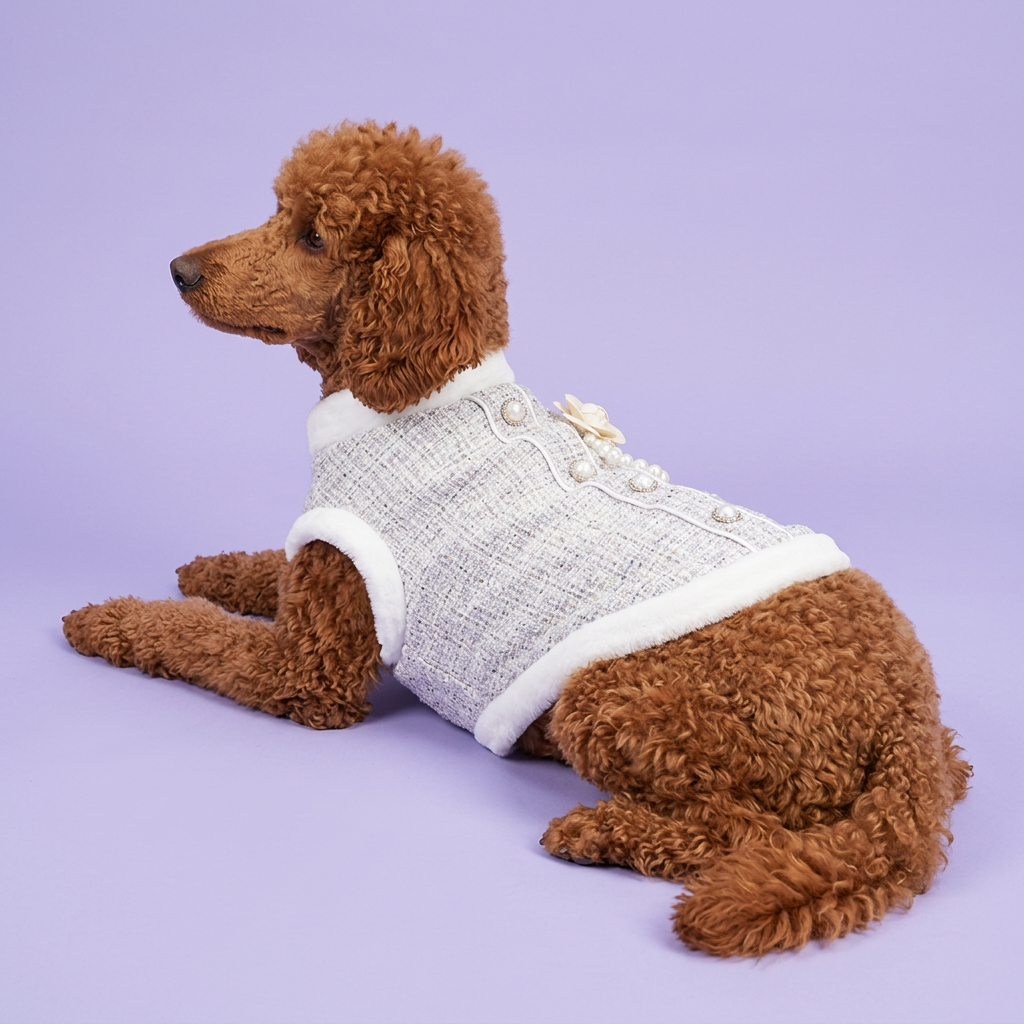 Red standard poodle reclining in the silver-white jacket