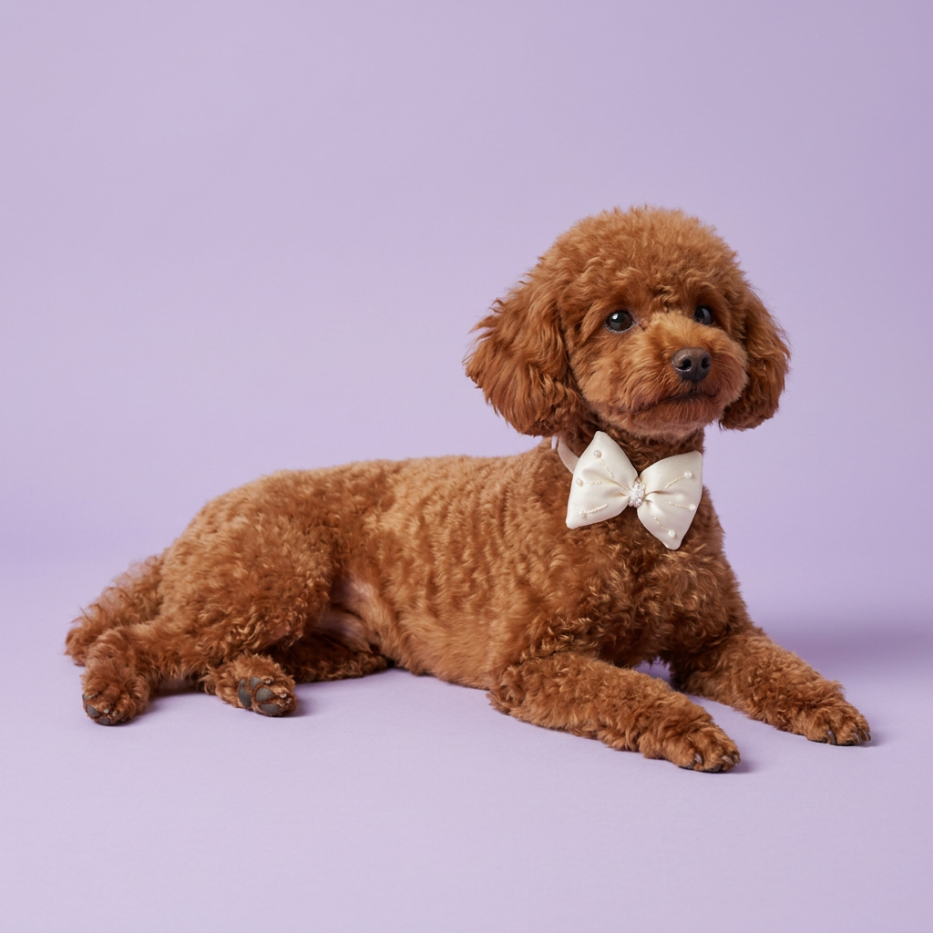 Red toy poodle lounging in ivory bow collar