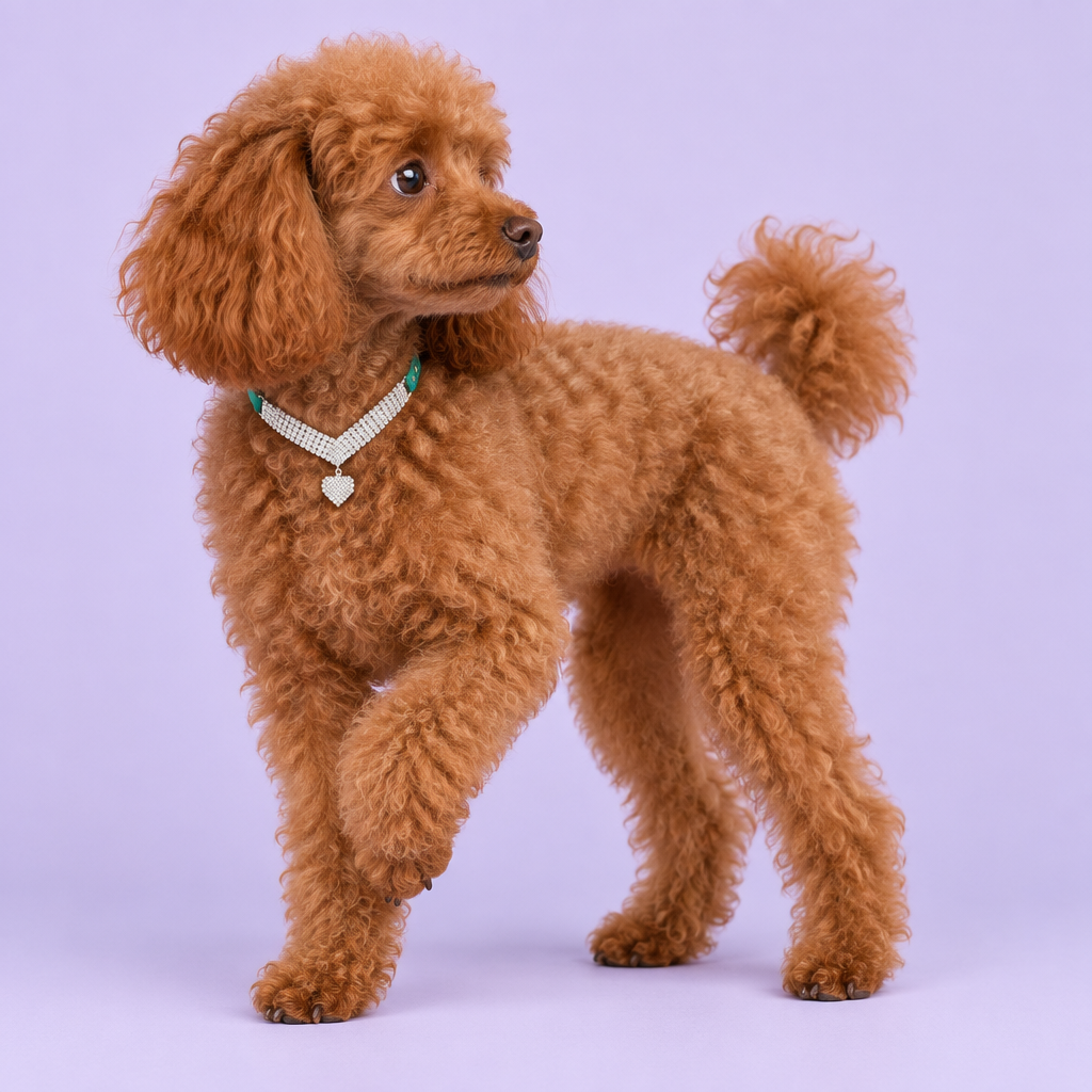 Red toy poodle pausing and glancing behind