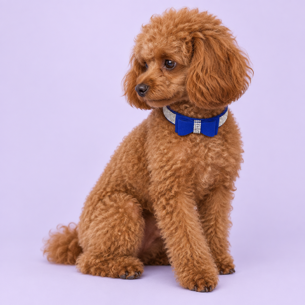 Red toy poodle seated and watching off-frame