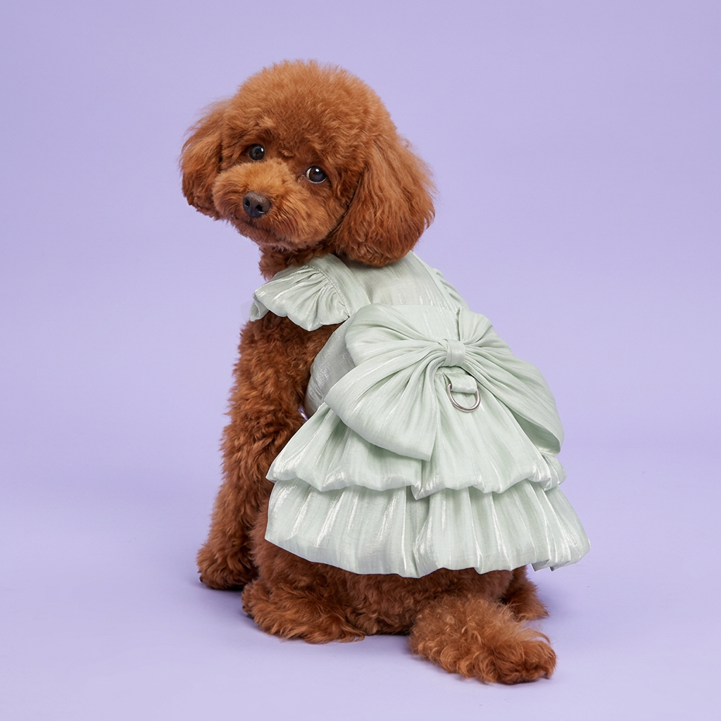 Red toy poodle showing the mint back bow