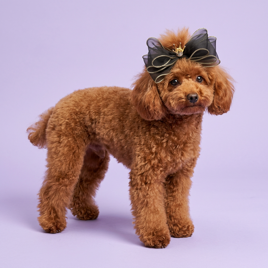 Red toy poodle wearing the black-and-gold crown bow