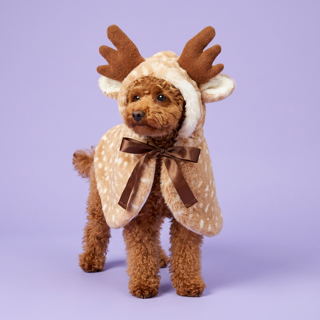 Red toy poodle wearing the reindeer cape