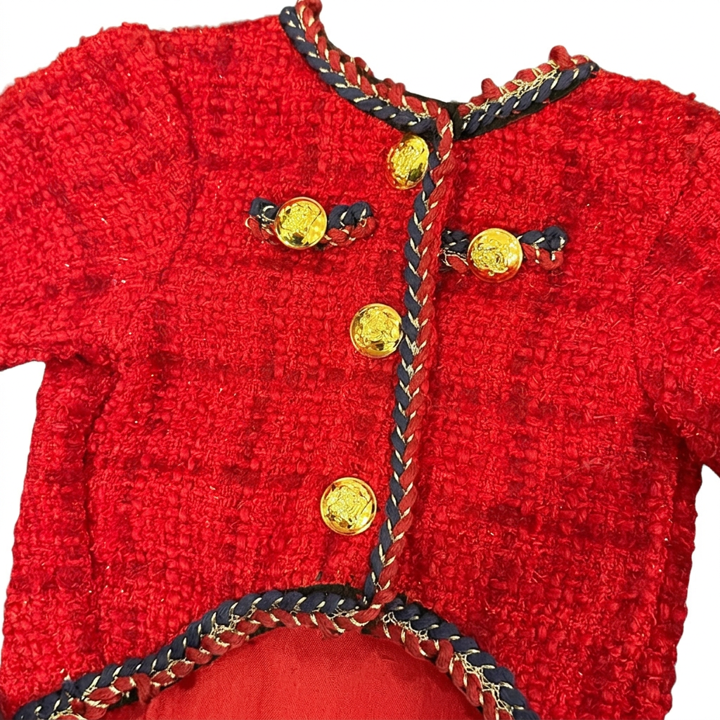 Red tweed jacket close-up with a white background