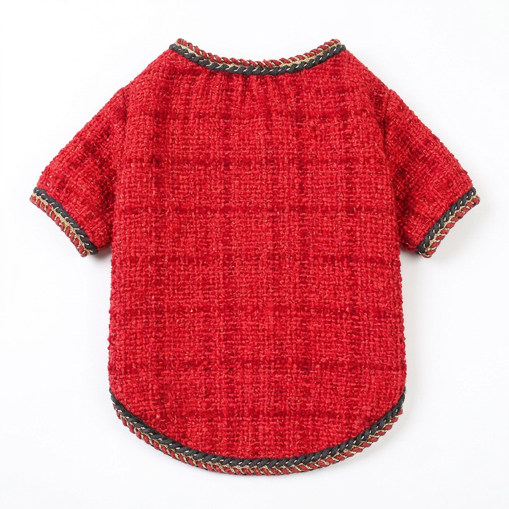 Red tweed pet jacket back view centered on a square white background