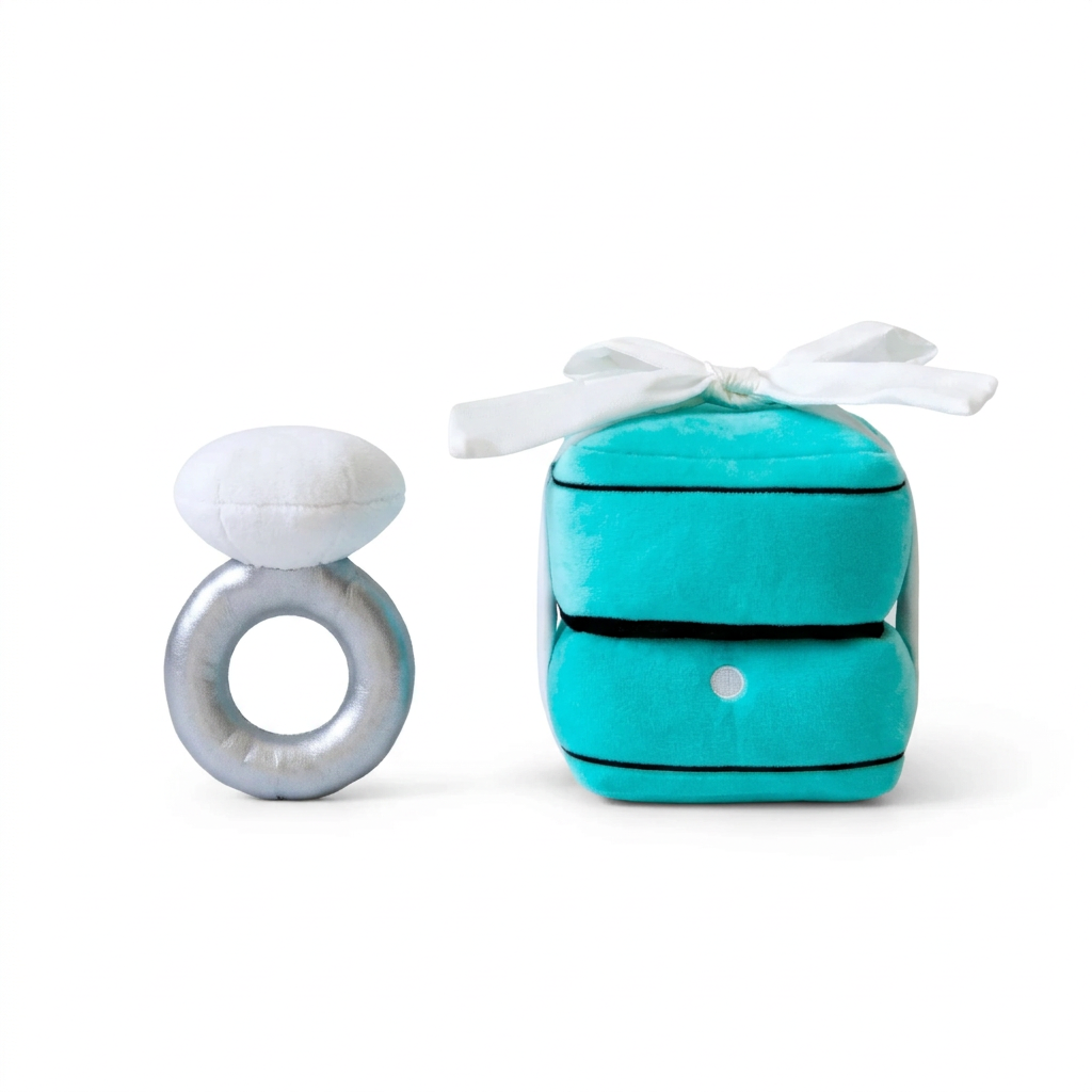 Refined plush ring and closed gift box on white, with the blue heart removed