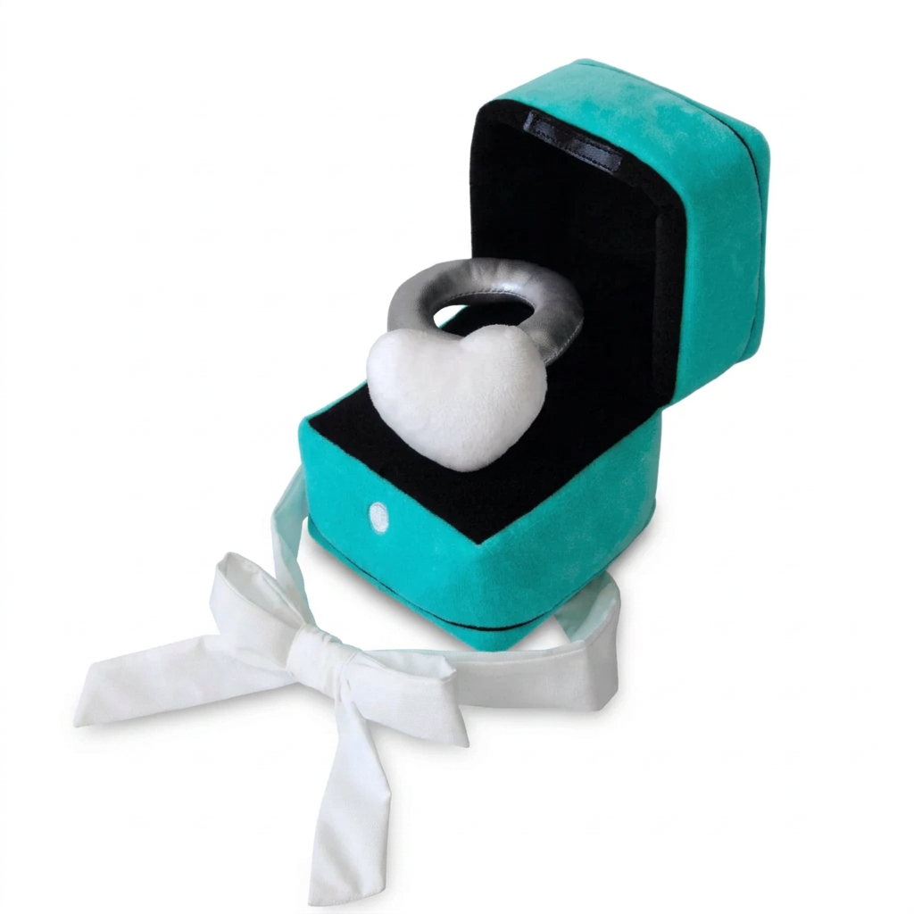 Refined plush ring gift box product photo on white with the blue heart removed