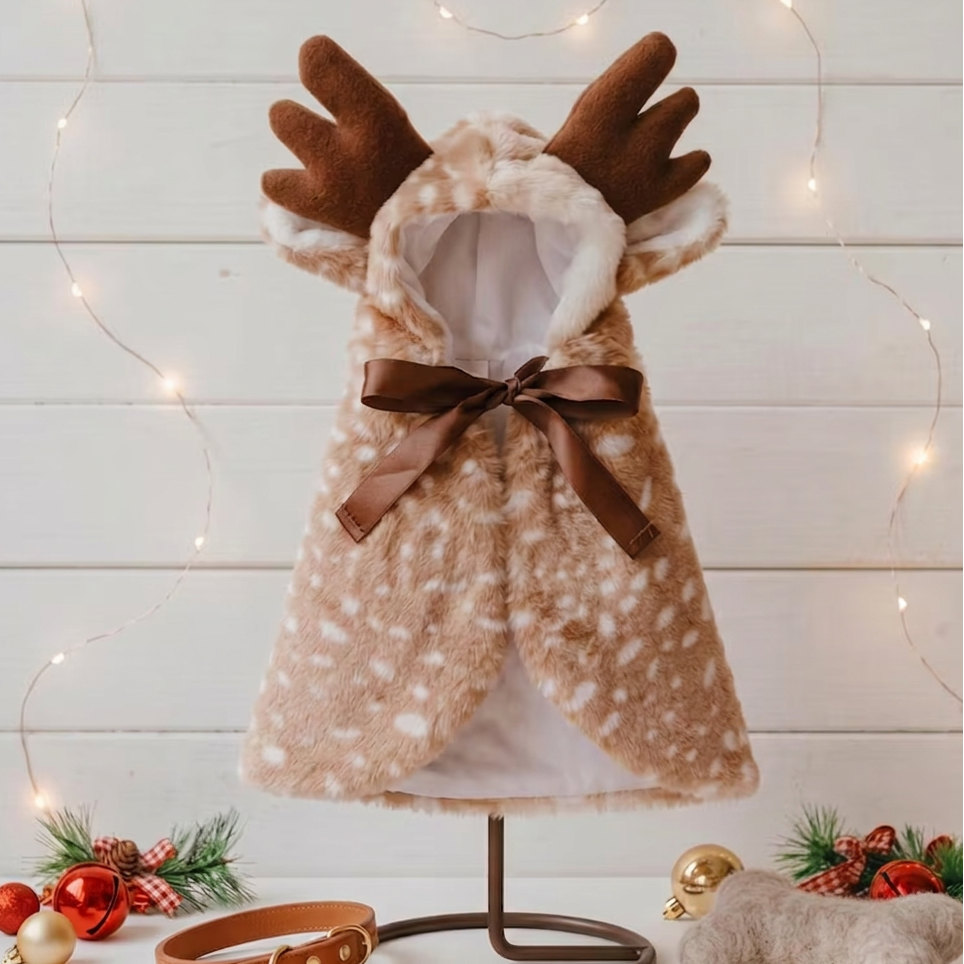Reindeer outfit photo with corner text removal in progress